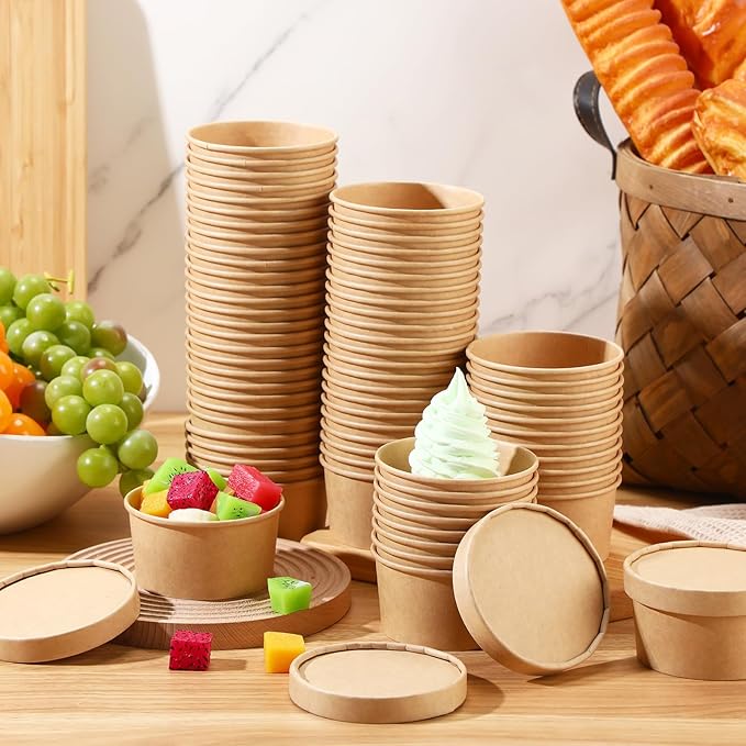 Fulmoon 100 Pack Paper Soup Containers with Lids Disposable Paper Food Containers with Vented Lid Kraft Ice Cream Cake Dessert Cups Soup Bowl for Party Hot Food Fruit Microwave(4 oz,Brown)