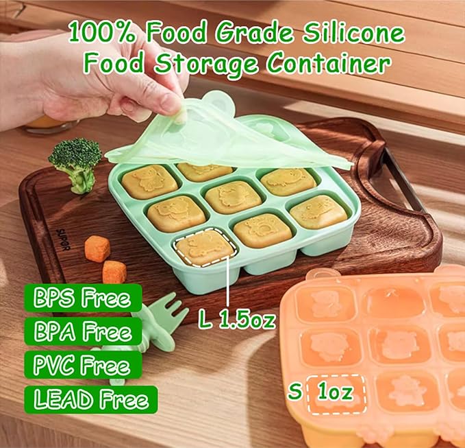 Silicone Freezer Tray with Lid, Food Storage Container for Homemade Baby Food, Vegetable, Fruit Purees, Breast Milk Feeder & Mini Nibble Combo, Breastmilk Popsicle Molds, 2 Pack(L)