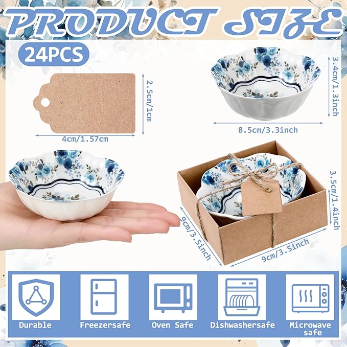SiliFine 24 Pcs Wedding Favors for Guests Small Ceramic Bowl Bulk Gifts Set 3.3 Inch Floral Design Mini Dipping Sauce Dish with Card Box for Bridal Pooja Baby Shower Birthday (Rose,Blue)