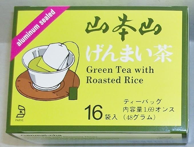 Yamamotoyama Genmai-cha Green Tea with Roasted Rice 16 Count Tea Bags Aluminum Sealed (3 Pack)