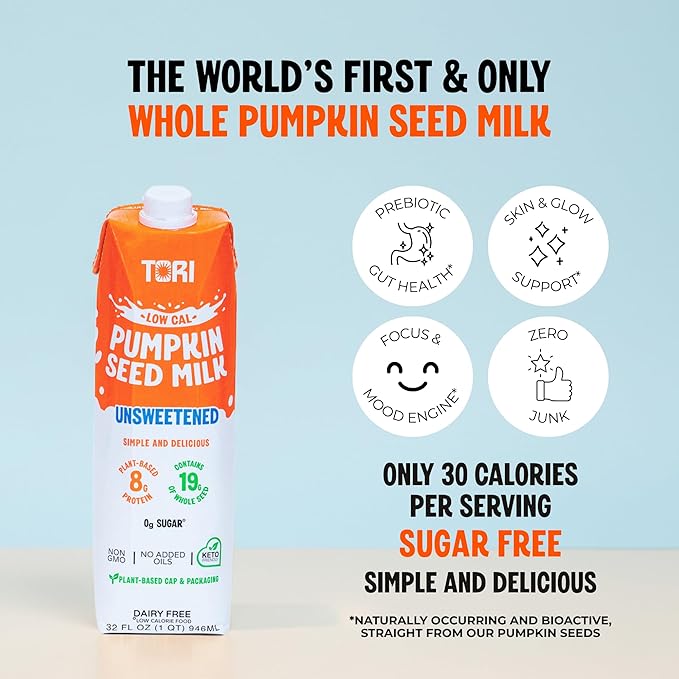 Tori Pumpkin Seed Milk, Unsweetened – Only 30 Calories, 0g Sugar | Plant-Based, No Emulsifiers, No Artificial Ingredients | Rich in Iron, Zinc & Magnesium | Keto & Whole30 Friendly | 32 fl oz (6 Pack)
