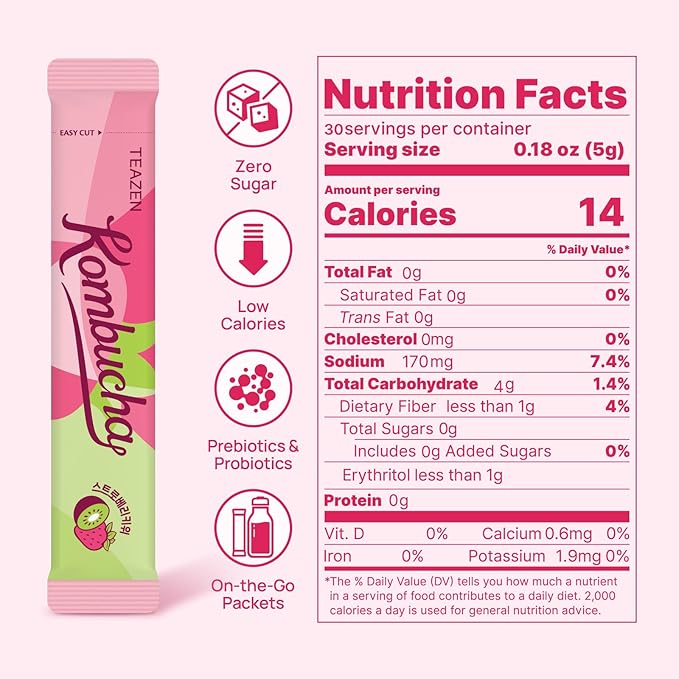 TEAZEN Strawberry Kiwi Kombucha Powder, Hydration Drink Mix, Sugar Free, Live Probiotics & Prebiotics, On-the-Go 30 Packets, 5.29oz