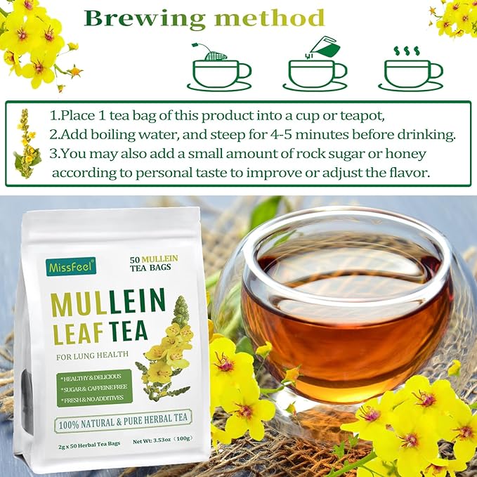 Mullein Leaf Tea, Mullein Leaf Tea Bags for Respiratory, Natural Mulleins Teas for Lung, Natural Herbal Teas, Caffeine-free, Sugar-free (Mullein Tea)