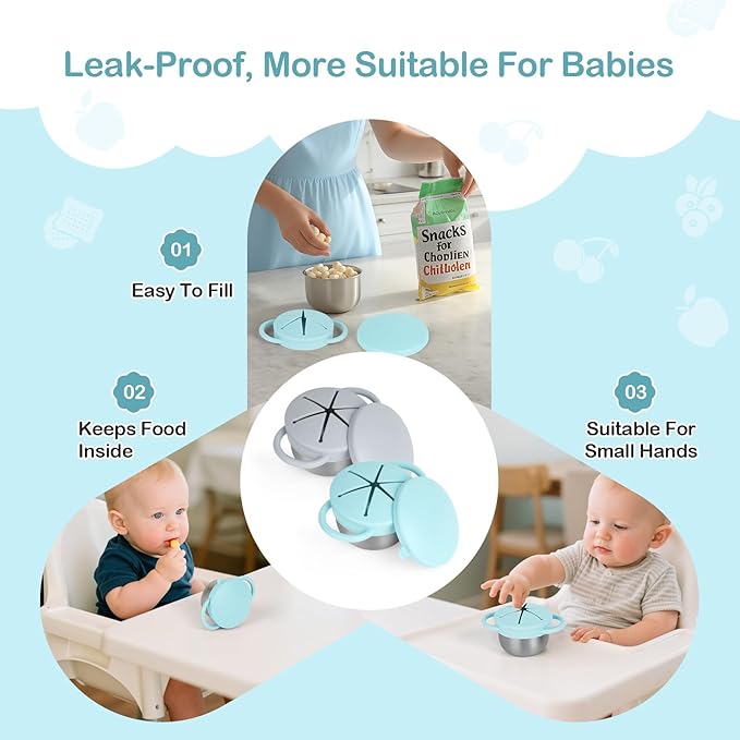 Daximo 2 Pack Snack Cups for Toddlers Spill Proof - Detachable Stainless Steel Toddler Snack Cups with Silicone Lids & Handles - Dishwasher Safe Baby Snack Containers (Light blue and Light grey)