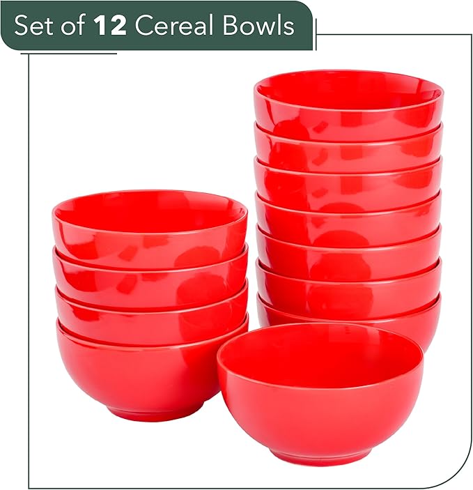 Brew To A Tea BTaT- Soup Bowls Set, 16 Ounces, Set of 12, Red, Porcelain Dishes for Soup, Rice, Salad, Noodle, Microwave, Oven, Freezer & Dishwasher Safe, Deep Cereal Bowls for Kitchen