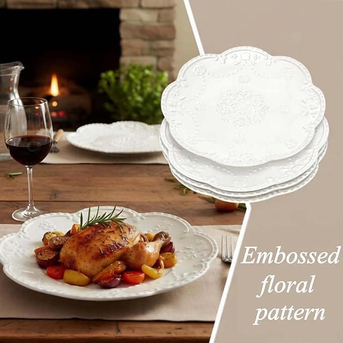 Tebery Set of 4 Ceramic Dinner Plate, 10.5 Inch Large Embossed Lace Salad Serving Plates, Elegant Appetizer Dessert Dishes for Wedding, Party, Restaurant, Kitchen, Microwave Dishwasher Safe, White