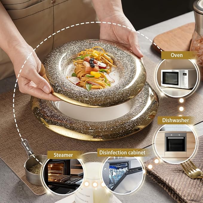 8-inch Ballet Plate Set of 4, Starburst Design Gold & Silver Accent Dinner Plates, 20cm Food-Safe Porcelain for Fine Dining & Gifting