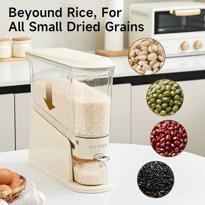 UFORU Rice Dispenser 11Lbs, Slim Rice Storage Container for Small Space, BPA-Free Clear Dry Food Dispenser Sealed Moisture Proof, Grain&Cereal Storage Bucket for Kitchen Pantry Household, Cream White