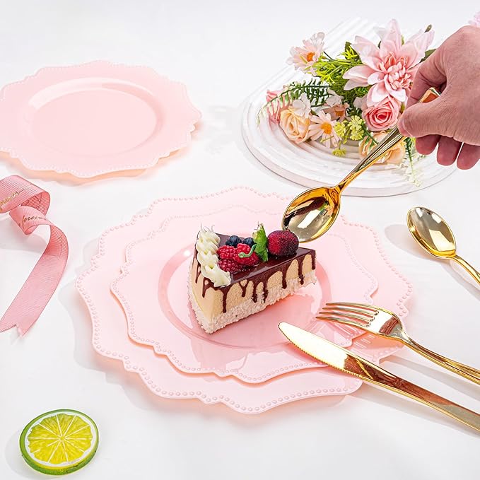 COLOSUS 60pcs Pink Plastic Dessert Plates - 7.5 Inch- Heavy Duty Disposable Plastic Appetizer/Salad/Cake Plates for Party Wedding and Everyday Use,Easter Day