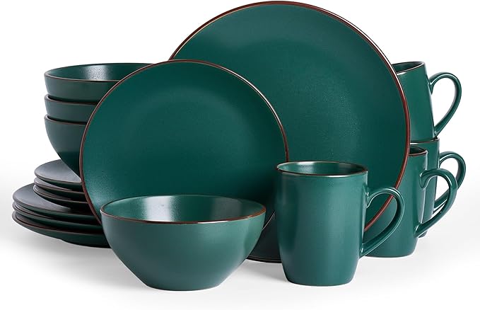 Famiware Venus 16-Piece Stoneware Dinnerware Sets with Mugs, Plates, Bowls, Service for 4, Matte Dark Green - Modern Ceramic Chip‑Resistant Dishes for Everyday & Formal, Microwave & Dishwasher Safe