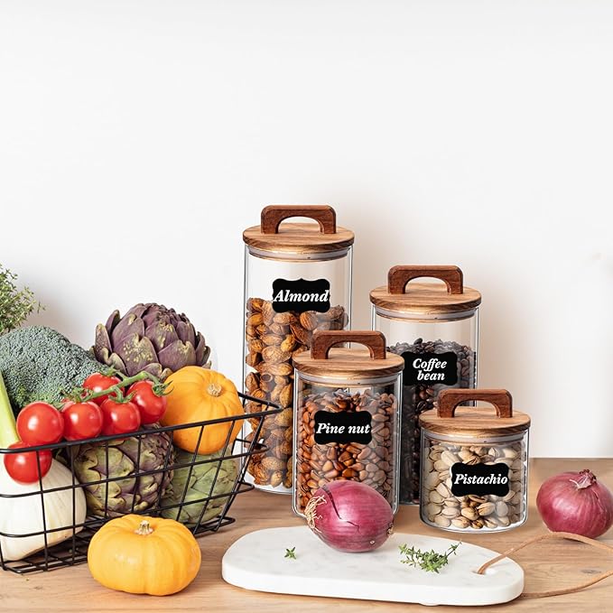 Layhit 4 Pcs Glass Food Storage Jars with Airtight Wood Lid Storage Jars Containers with Stickers Marker for Candy, Cookie, Rice, Sugar, Flour, Pasta, Nuts, 4 Size(Cylindrical)