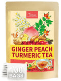 TeeLux Ginger Peach Turmeric Tea Bags, Warm Ginger with Tart Hibiscus & Soothing Chamomile, Tart & Sweet Flavor, Caffeine Free, 100 Count