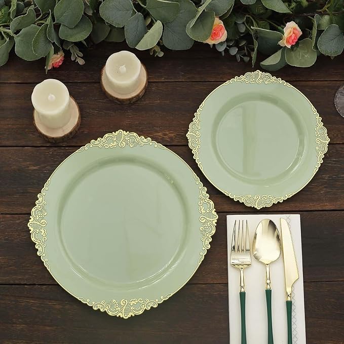 Efavormart 10 Pack | 10" Sage Green and Gold Baroque Dinner Plates, Leaf Embossed Metallic Rim Heavy Duty Serving Plates for Spring Receptions