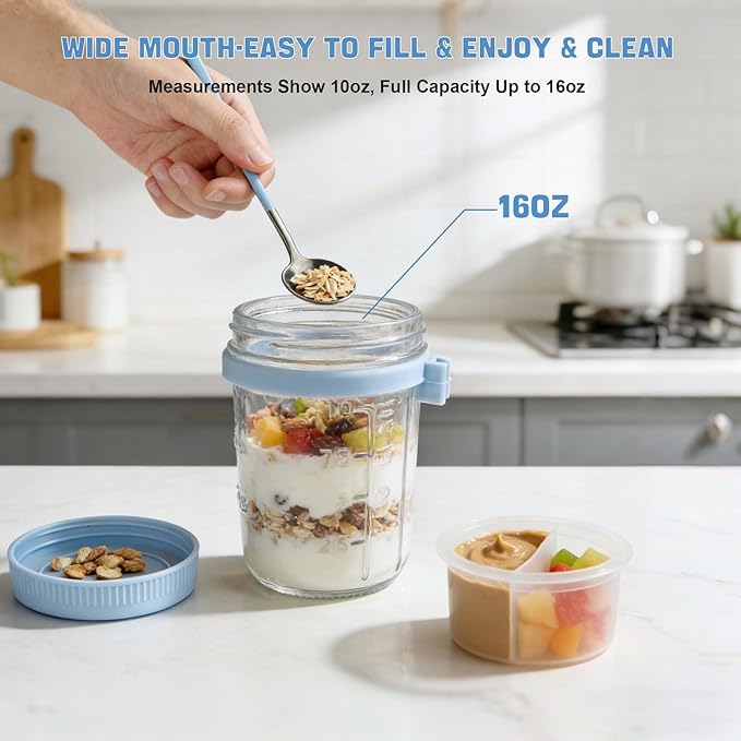 4 Pack Overnight Oats Containers with Lids and Spoons - 16 oz Glass Mason Jars with Dressing Cup, Over night Oat Jars for Meal Prep, Yogurt Parfait Cup for Chia Seed Salad (Blue)
