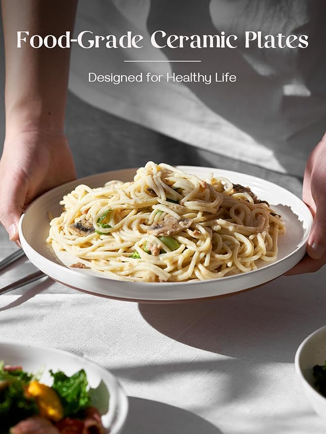 DOWAN 10.5" Large Dinner Plates Set of 6, High Edge Ceramic Plate - Microwave, Oven & Dishwasher Safe, Durable, Modern Dinnerware - Kitchen Porcelain Dish - Khaki White