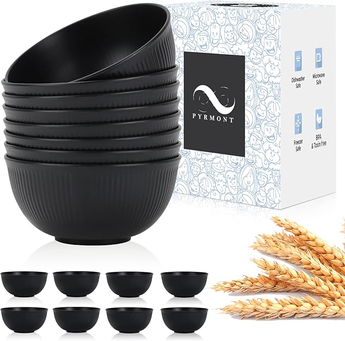 PYRMONT Unbreakable Cereal Bowl 26 OZ Alternative Plastic Bowls Reusable Wheat Straw Bowls Set of 8 Dishwasher & Microwave Safe Bowls for Kitchen,New Home Black Serving Bowls for Soup,Breakfast