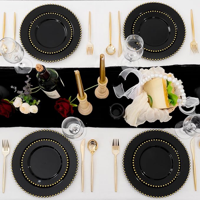 supernal 100pcs Black and Gold Plastic Plates,Black Disposable Plates,Halloween Party Supplies Including 50 Dinner Plate and 50 Disposable Dessert Plate,Heavy Duty Plastic Platos for Halloween,Party
