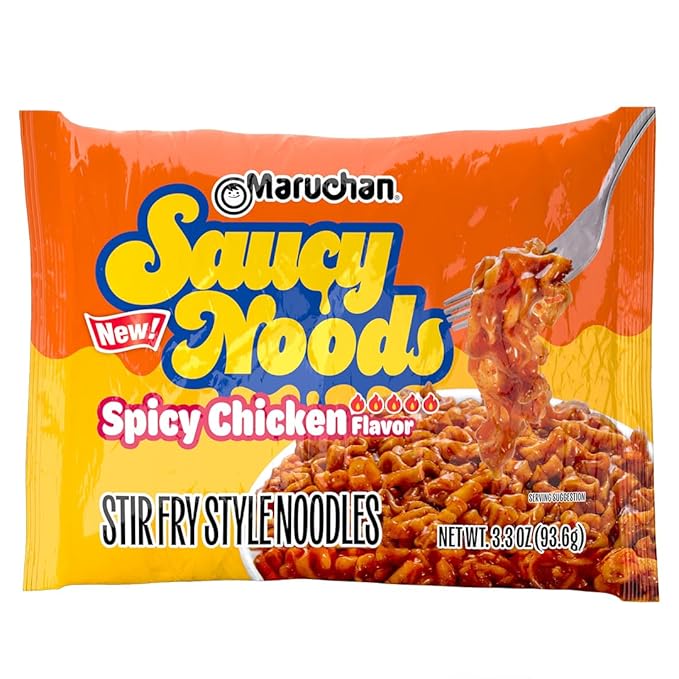 Maruchan Ramen Spicy Chicken Noodles, Saucy Noods – Stir Fry Style, Bold Korean-Inspired Sauce, Rich Flavor, Made in USA – 3.3 Oz. (20 Pack)