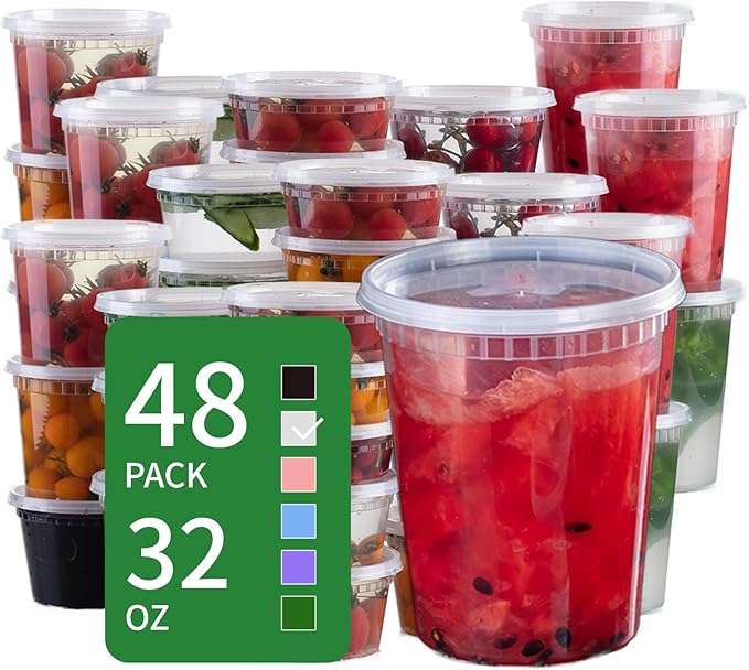 Commercial 32 oz Deli Containers - 48-Pack (96 Pcs) with Lids, Clear Round Airtight Food Storage, BPA-Free, Dishwasher & Microwave Safe, Pint Containers