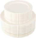U-QE 100 Pieces Ivory Plastic Plates for Party - Ivory Disposable Plastic Plates - Heavy Duty Disposable Platos Including 50 Dinner 10 '' & 50 Dessert 7.5 '' for Weddings
