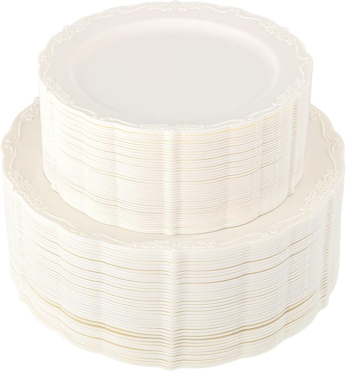 U-QE 100 Pieces Ivory Plastic Plates for Party - Ivory Disposable Plastic Plates - Heavy Duty Disposable Platos Including 50 Dinner 10 '' & 50 Dessert 7.5 '' for Weddings