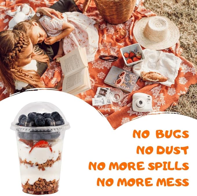 Aatriet 12 oz Clear Plastic Parfait Cups with Insert 3.25oz & Dome Lids No Hole - (50 Sets) Yogurt Fruit Parfait Cups for Kids, for Dips and Veggies, Take Away Breakfast and Snacks. No Leaking