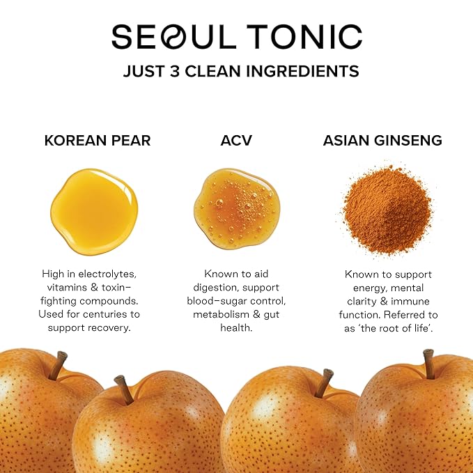 Seoul Tonic Patented "Post Party" Korean Pear and Apple Cider Vinegar Natural Tonic with Ginseng Patented Formula for Easier Morning with Potassium DHM 100ML Pack of 12