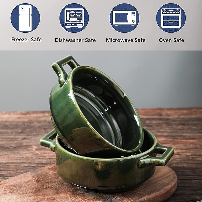 Vicrays Ceramic Soup Bowls with Handles, 24 Oz Porcelain Soup Crocks for French Onion Soup, Cereal, Beef Stew, Chill, Pasta, Pot Pies, Microwave and Oven Safe, Set of 4 (Green)