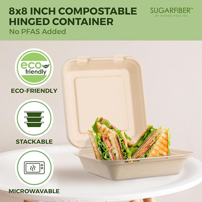 Harvest Pack [50 Pack] 8x8" Extra Thick Compostable Clamshell Take Out Food Containers - PFAS Free Heavy-Duty Disposable Sugarcane Bagasse Boxes - Eco-Friendly To-Go Containers for Food, 1-Compartment