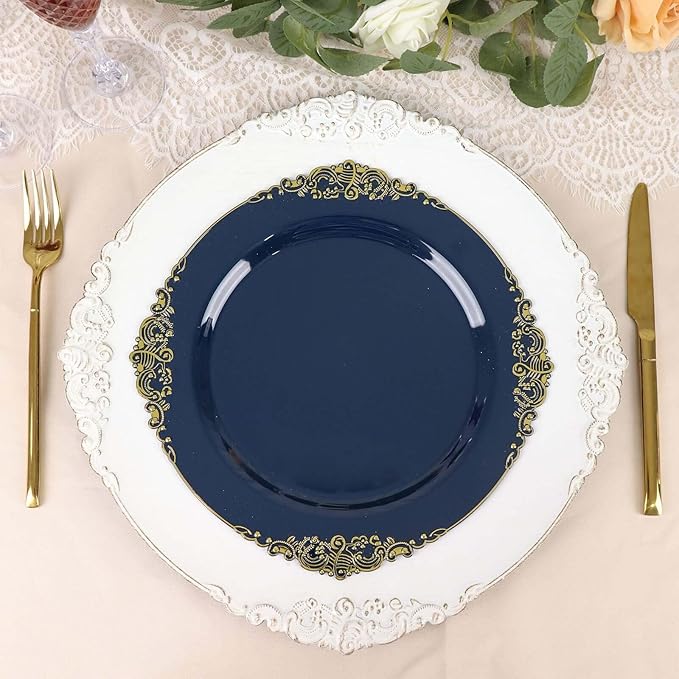 Efavormart 10 Pack | 10" Navy Blue and Gold Baroque Dinner Plates, Leaf Embossed Metallic Rim Heavy Duty Serving Plates for Nautical Receptions