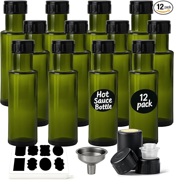WERTIOO Hot Sauce Bottles 4oz – 12-Pack Mini Light-Blocking Bottles with Caps & Shrink Wrap – Preserve Color and Freshness of Oils Vinegars Sauces – for Kitchen Storage Gifts and Small-Batch, Green