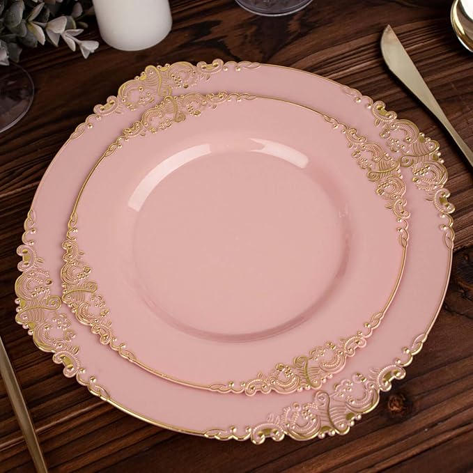 Efavormart 10 Pack | 8" Dusty Rose and Gold Baroque Dessert Plates, Leaf Embossed Metallic Rim Heavy Duty Appetizer Plates for Whimsical Parties