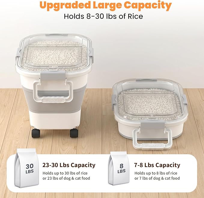 30 Lbs Rice Storage Container with Wheels, Collapsible Airtight Food Storage Container with Transparent Lid, Measuring Cup, Scoop, Handle, BPA Free Rice Holder for Pet Food, Grain, and Bird Seed