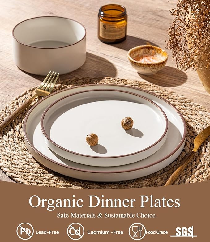 LERATIO Dinner Plates,10.25 Inch Ceramic Flat Plates Set of 6,High Edge Modern plates for Kitchen,Microwave & Dishwasher & Oven Safe, Scratch Resistant Dishes Set-White with Rim