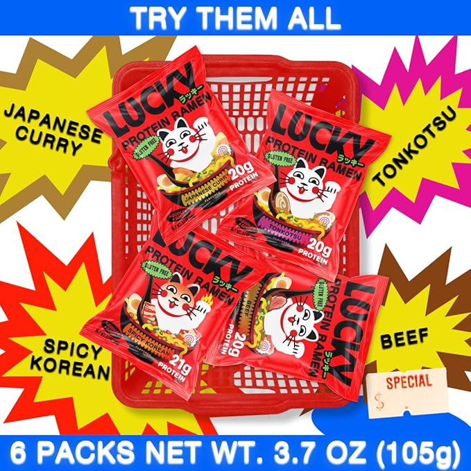 Lucky High Protein, Gluten Free Ramen Noodles, Extra Spicy Korean Flavor | 21g Protein | No MSG, Air Dried, Vegan, Reduced Sodium, Healthy, Vegetarian | Rice Ramen + Soup | Instant, Ready in 8 Minutes | 6-Pack