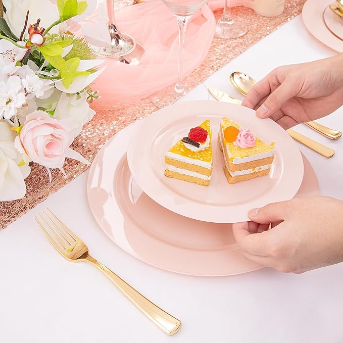 FLOWERCAT 60PCS Pink Plastic Plates - Heavy Duty Pink Plates Disposable for Spring Party&Mother's Day/Wedding - serving 30 guests Include 30PCS 10.25inch & 30PCS 7.5inch