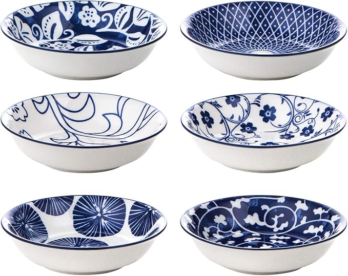 Selamica Ceramic Dipping bowls, 2.5oz Mini Bowl Soy Sauce Dish, Appetizer Side Dishes for Sushi,Sauce, Party, Pack of 6 (Vintage Blue)