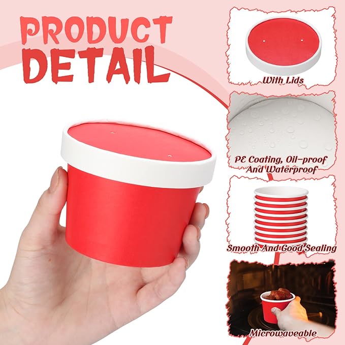 Fulmoon 100 Pack Paper Soup Containers with Lids Disposable Paper Food Containers with Vented Lid Kraft Ice Cream Cake Dessert Cups Soup Bowl for Party Hot Food Fruit Microwave(8 oz,Red)