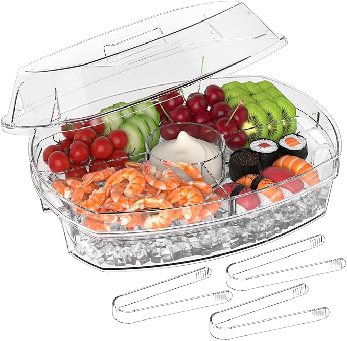 Ice Chilled Party Platter - 15'' Divided Serving Tray with Lid and 4 Compartments, Clear Fruit Trays for Serving for Party, Ideal Cold Chilled Serving Trays for Parties, Shrimp Cocktail, Etc