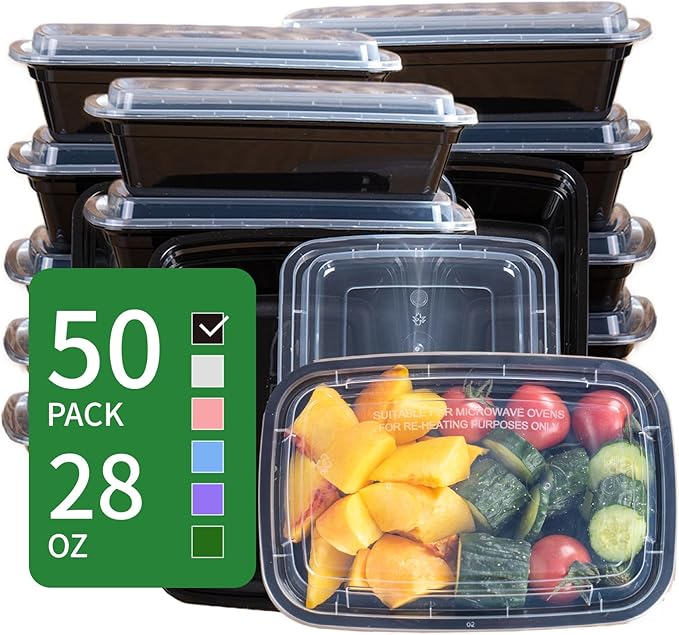 28 oz Meal Prep Containers Bulk 50-Pack - Leak-Resistant, Reusable with Lids, Microwave/Freezer/Dishwasher Safe - Commercial Food Storage