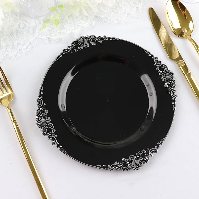 Efavormart 10 Pack | 8" Black and Silver Baroque Dessert Plates, Leaf Embossed Metallic Rim Heavy Duty Appetizer Plates for Industrial Chic Events