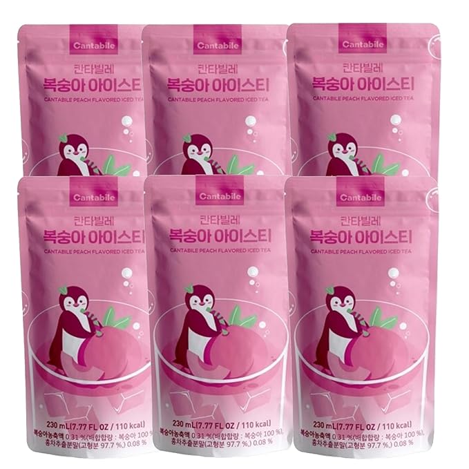 Cantabile Korean Convenience Store Pouch Drink Ready-to-Drink Refreshing Beverage Imported from Korea (6 Pack, Peach Iced Tea)