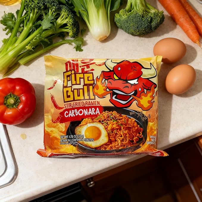 [Fire Bull Ramen] Intense Spicy Carbonara Stir-Fried Ramen | Authentic Korean Heat Meets Flavorful Delight | Thick, Chewy Noodle (1 Case, 32 Pouches)