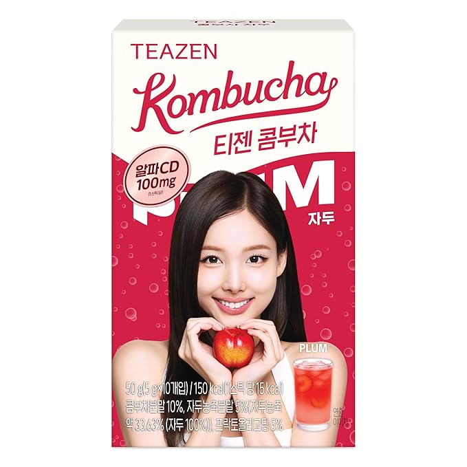 TEAZEN Plum Flavored Kombucha Tea, Hydration Drink Mix, Sugar Free, Live Probiotics & Prebiotics, 10 Sticks, 1.76oz