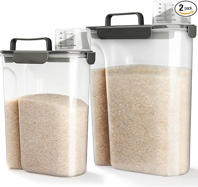 Viretec Rice Storage Container, 15 to 20lb Dry Food Airtight Dispenser, Pet Dog Cat Food Canister, BPA Free Clear Plastic Kitchen and Pantry Bin for Oatmeal, Cereal, Pasta, Flour Pack of 2 Grey