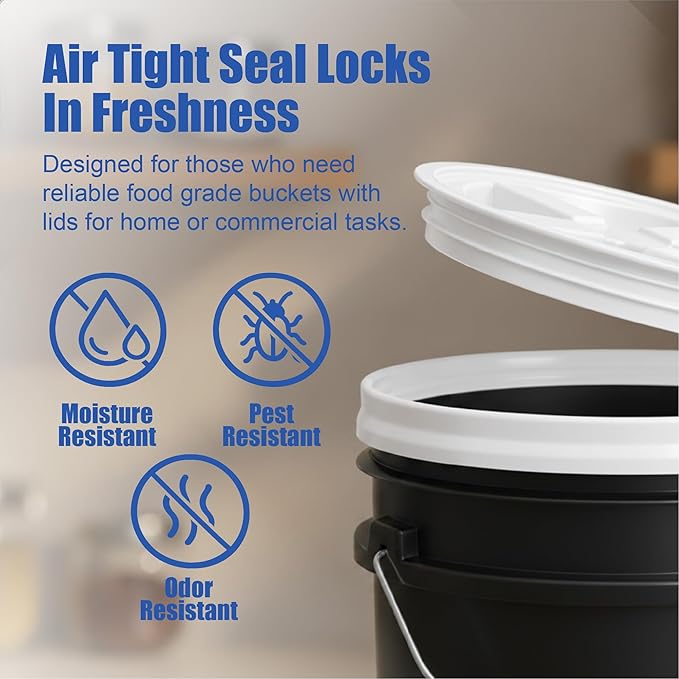 ePackageSupply 5 Gallon Bucket - Food Grade Bucket with Airtight Gamma Seal Screw-On Lid, BPA-Free, Heavy-Duty 90 Mil HDPE Plastic, Bulk Storage, Durable Container, Made in USA, Black/White, 6 Packs