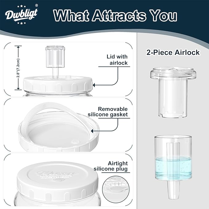 2 Pack Fermentation Jars with 3 Airlocks, Half Gallon Glass Jars with Airtight Lid, 64 oz Wide Mouth Mason Jar with Scale Line for Pickling, Mead Making, Kimchi, Sourdough and Food Containers