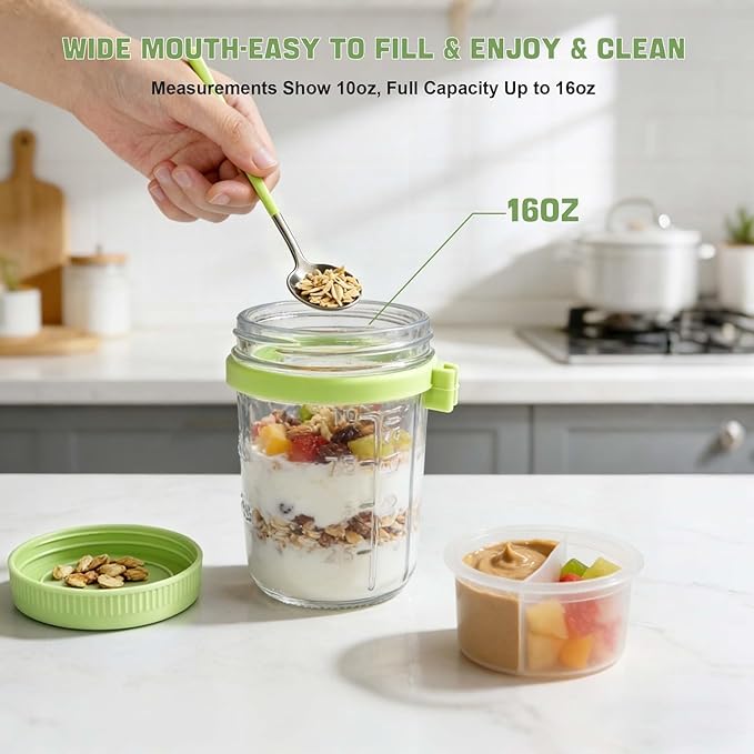4 Pack Overnight Oats Containers with Lids and Spoons - 16 oz Glass Mason Jars with Dressing Cup, Over night Oat Jars for Meal Prep, Yogurt Parfait Cup for Chiaseed Salad (Green)