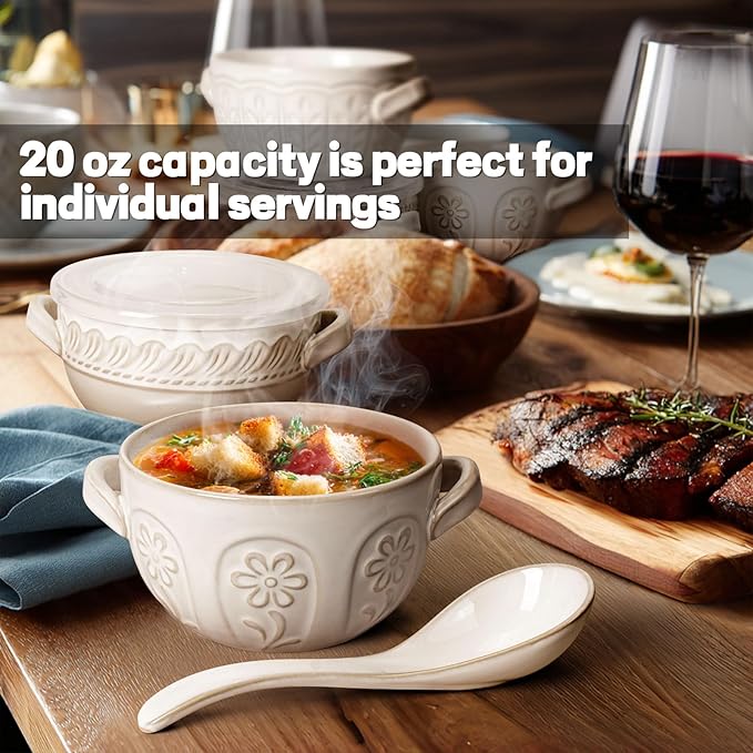 Artena French Onion Soup Bowls with Handles and lids & Spoons, 20 Oz Ceramic Soup Crocks Oven Safe Serving Bowls for Chili, Beef Stew, Cereal, Pot Pies, Embossment, Set of 4, White (Pinwheel Flower)