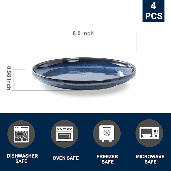 Ceramic Flat Plates Set of 4-8 in - The Dessert, Salad, Appetizer, Small Lunch, etc Plate. Microwave, Oven, and Dishwasher Safe, Scratch Resistant. Kitchen Porcelain Dish-Royal Blue